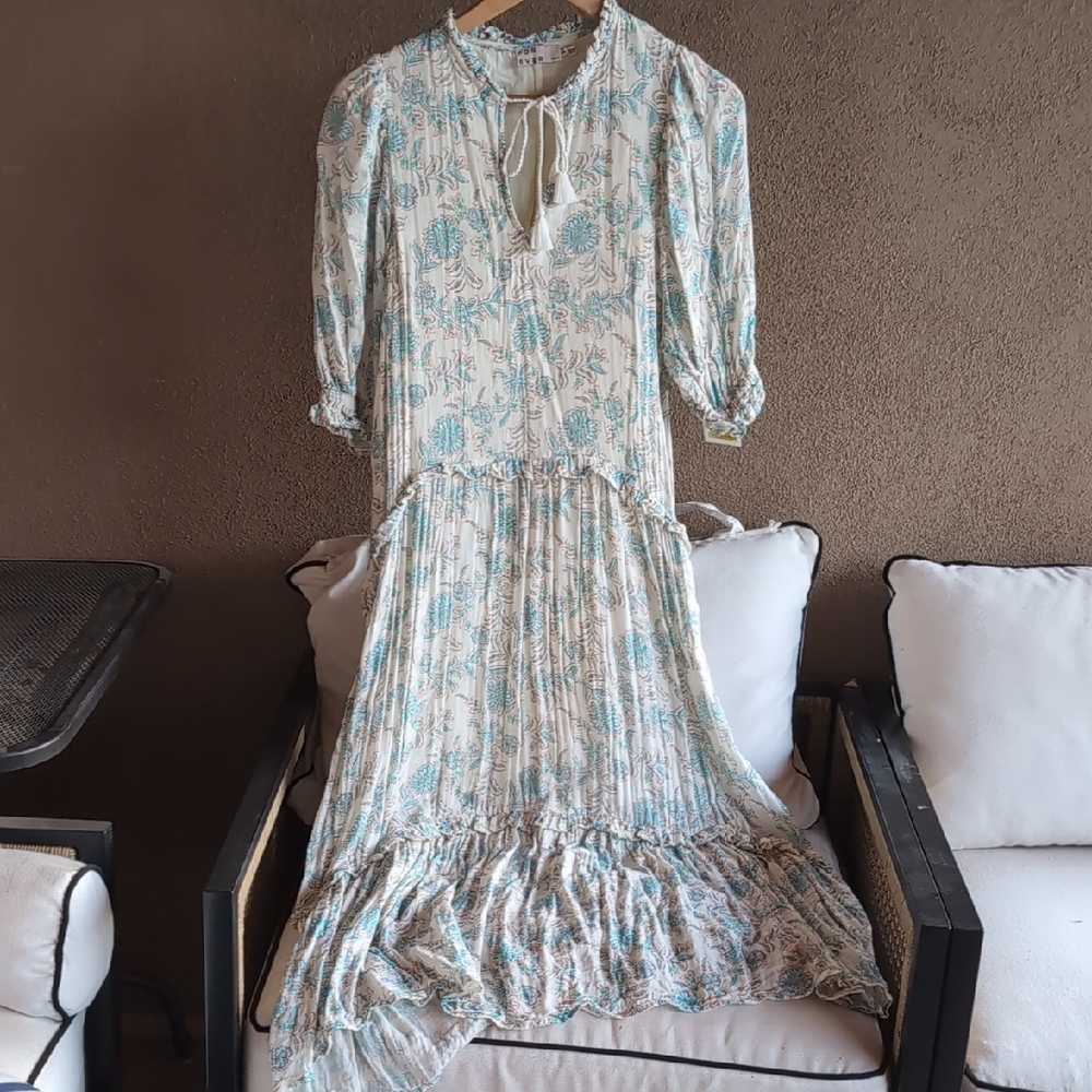 B. Young Floral Long Sleeve Dress in Cream and Blue